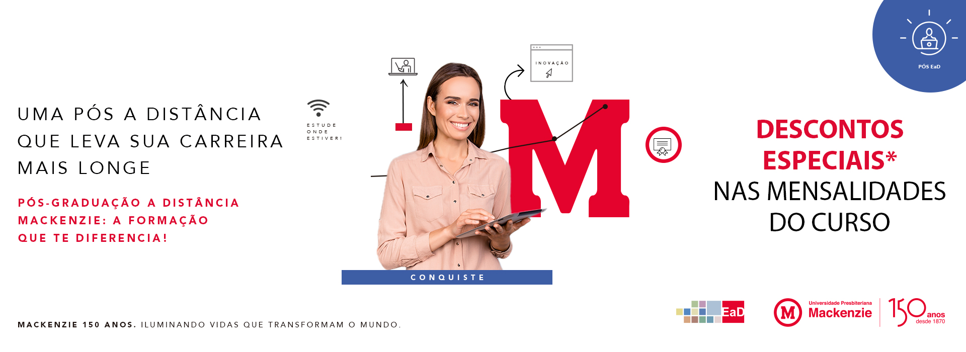 Banner sobre as inscrições para a Pós-Graduação EaD do Mackenzie.