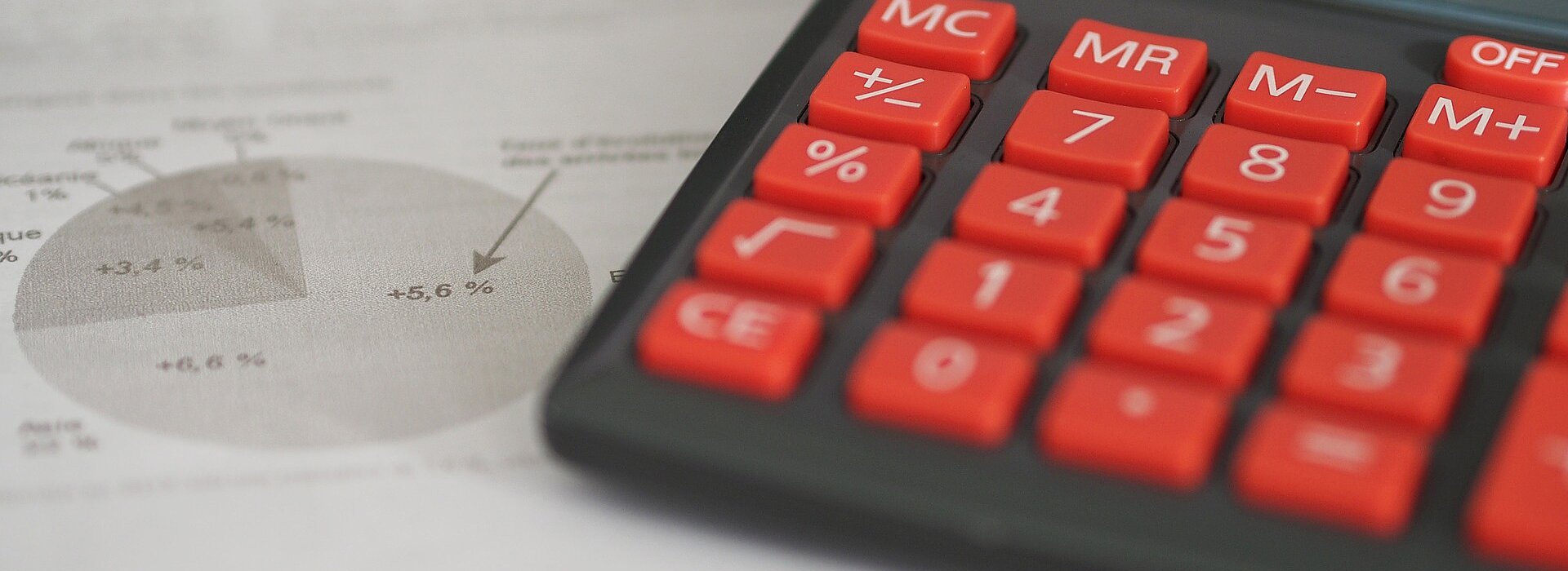 papel com gráficos sobre uma mesa ao lado de uma calculadora de teclas vermelhas.