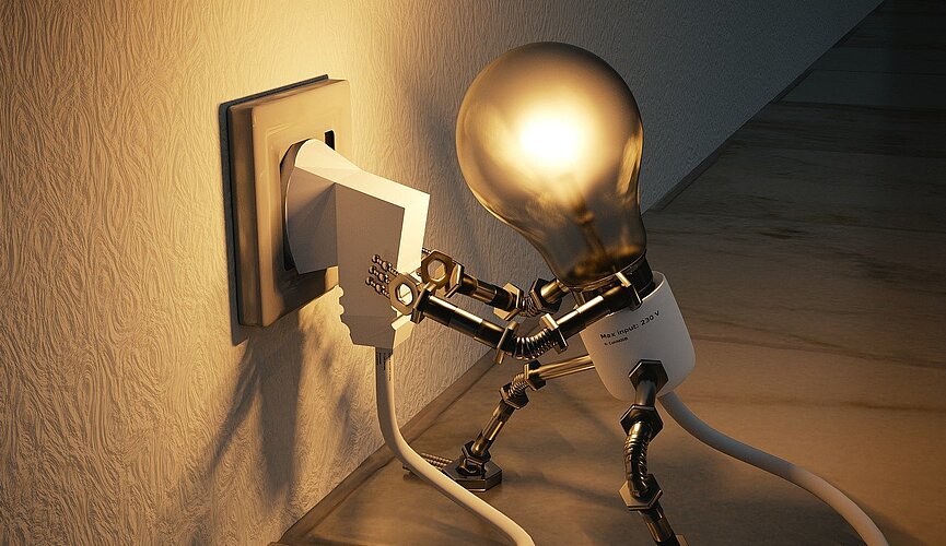 desenho 3d de uma lâmpada se conectando à tomada sozinha