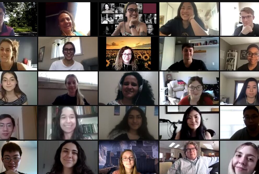 captura de tela de computador com diversas janelas de vídeo de participantes do encontro virtual