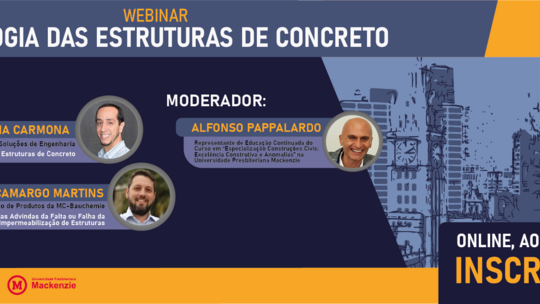 A capa da notícia do webinar é um banner com o nome do evento "Patologia das estruturas de concreto", com o nome dos participantes, moderador, data e horário que o evento acontece. 