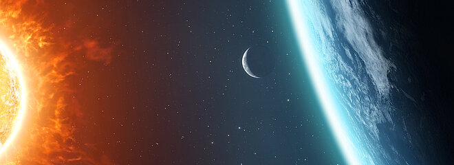 imagem do sol vista do espaço coma  lua e a Terra na sequência