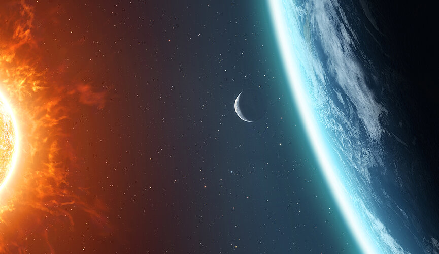 imagem do sol vista do espaço coma  lua e a Terra na sequência