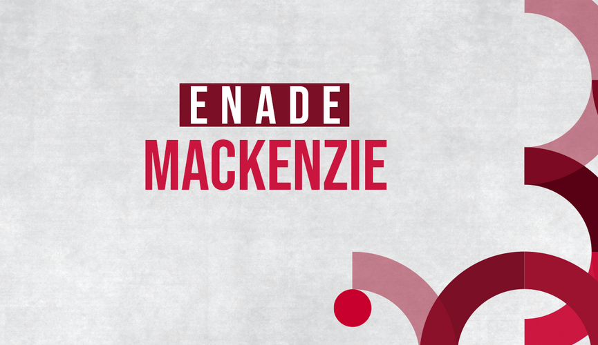 banner com fundo cinza predominante e símbolos abstratos na cor vermelha. Ainda é possível distinguir na imagem os dizeres "Enade Mackenzie" e 2020