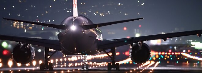 Aeronave na pista de decolagem à noite
