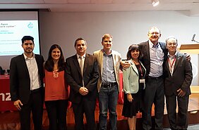 Luan Alves (Tetra Pak), Renata Riggiero (Instituto Iguá), prof. Edi Trindade (Direito), prof. Jorge Paixão (Eng. Civil), prof.ª. Rosani Novaes (Direito/Eng. Civil), Francisco Lahóz (PCJ), e prof. Gilson Novaes (Diretor do CCT).