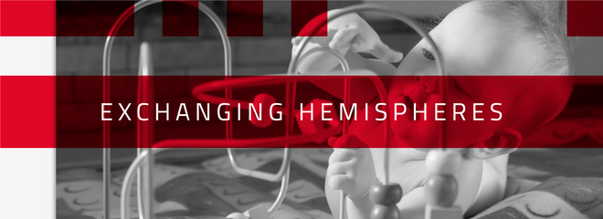 Imagem mostra o nome do programa "Exchanging Hemispheres" e ao fundo, em preto e branco, está uma criança pequena brincando. 