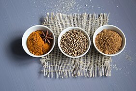 Três tipos de ingredientes espalhados em potes brancos
