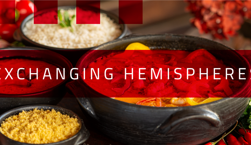 A imagem de capa mostra uma foto de moqueca ao fundo, com o nome do programa "Exchanging Hemispheres" em destaque. A foto mistura tons de vermelho e branco, com as cores dos ingredientes do prato da moqueca.