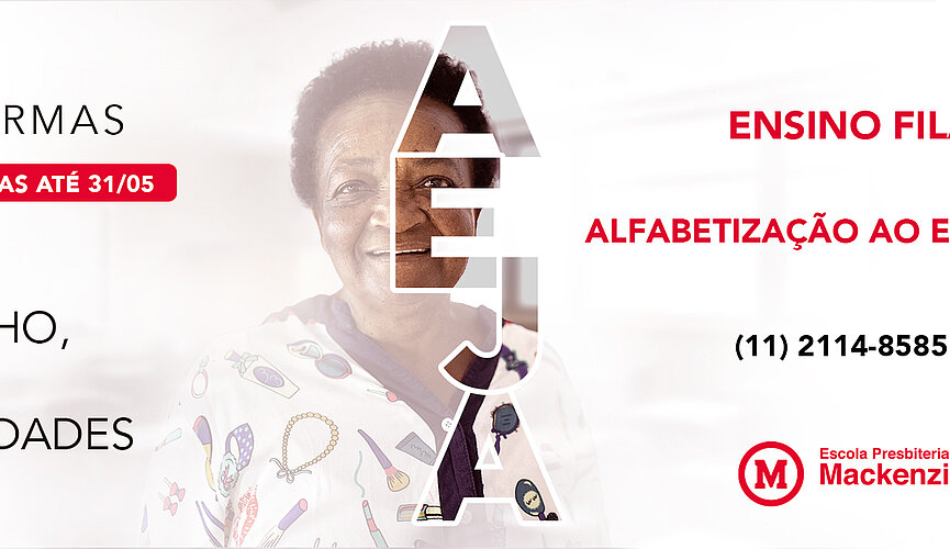 Na imagem de capa, está escrito "Novas turmas. Inscrições abertas até dia 31/05". Outra mensagem, no lado inferior esquerdo é "Um caminho, muitas oportunidades". Ao lado direito podemos ler "Ensino gratuito filantrópico gratuito. Alfabetização ao ensino médio". A imagem ainda deixa os telefones para contato "(11) 21148585 e (11) 2114 8151"