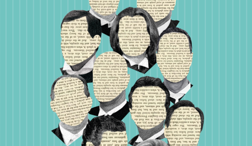 Capa do livro com desenhos de rostos de ministros preenchidos com escrita