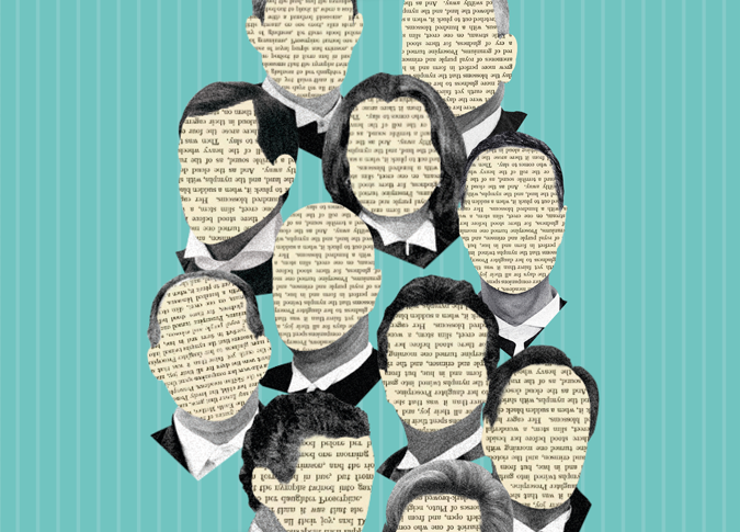 Capa do livro com desenhos de rostos de ministros preenchidos com escrita