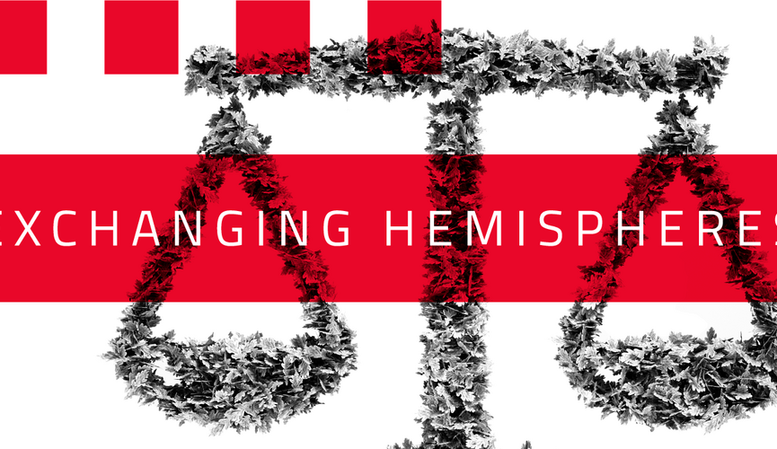 Na imagem, a balança, símbolo do direito, está no centro da arte. A arte tem três cores, preto, branco e vermelho e com o nome do programa Exchanging Hemispheres no centro.