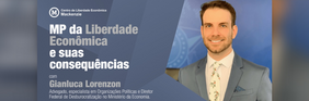 Foto do palestrante ao lado direito, com fundo azul. O lado esquerdo possui informações em branco.
