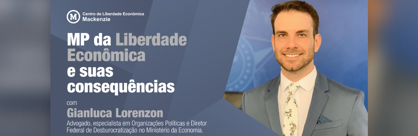 Foto do palestrante ao lado direito, com fundo azul. O lado esquerdo possui informações em branco.