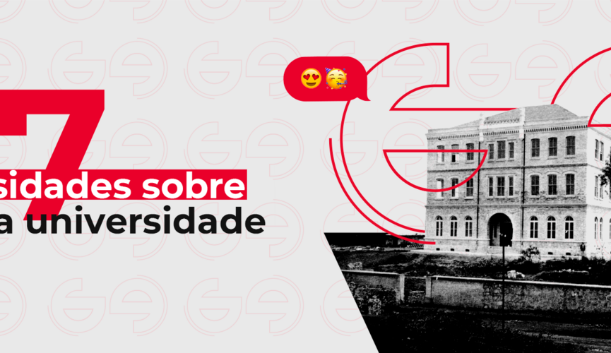 Na imagem de capa, ao lado direito está um prédio histórico do Mackenzie e ao lado esquerdo está escrito 7 curiosidades sobre a nossa universidade. A imagem é um arte, com cores cinza, preta, branco e vermelho.
