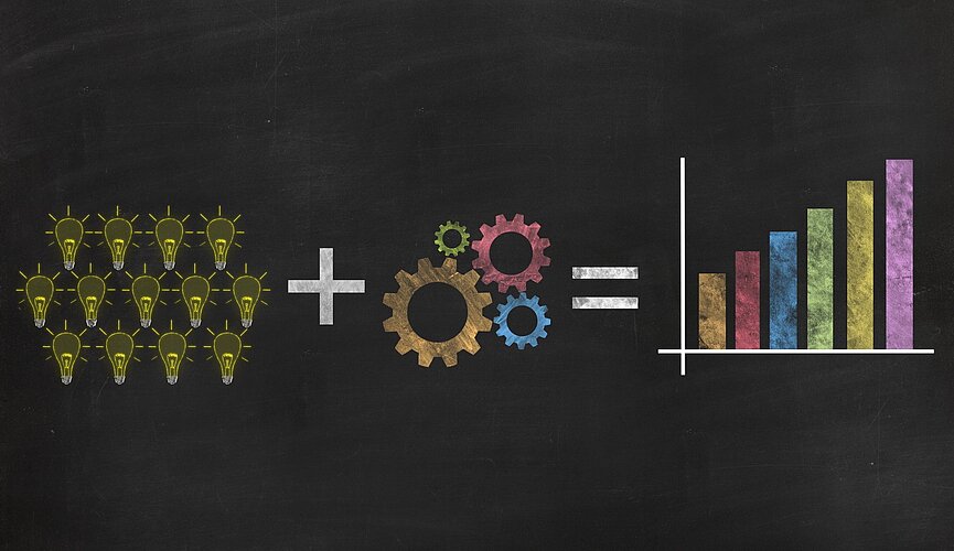 Imagem de um conjunto de lâmpadas, somado a uma imagem com ferramentas e igualado a um gráfico. Imagens coloridas com fundo preto. 