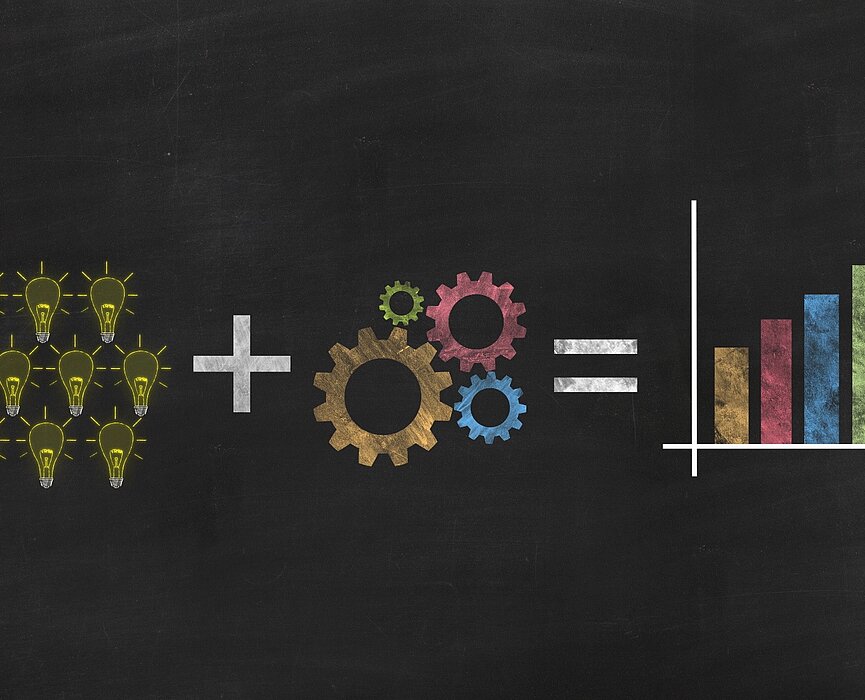 Imagem de um conjunto de lâmpadas, somado a uma imagem com ferramentas e igualado a um gráfico. Imagens coloridas com fundo preto.