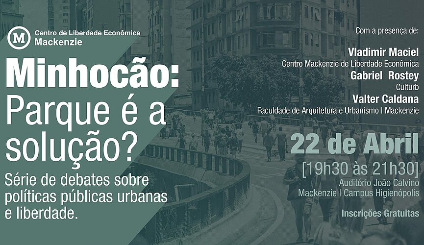 Banner do evento, com foto do Minhocão por trás.