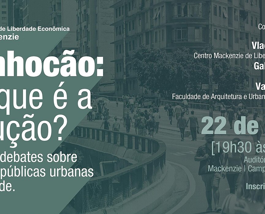 Banner do evento, com foto do Minhocão por trás.