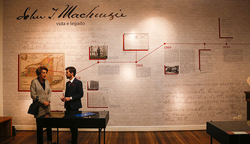 Parede da exposição com linha do tempo