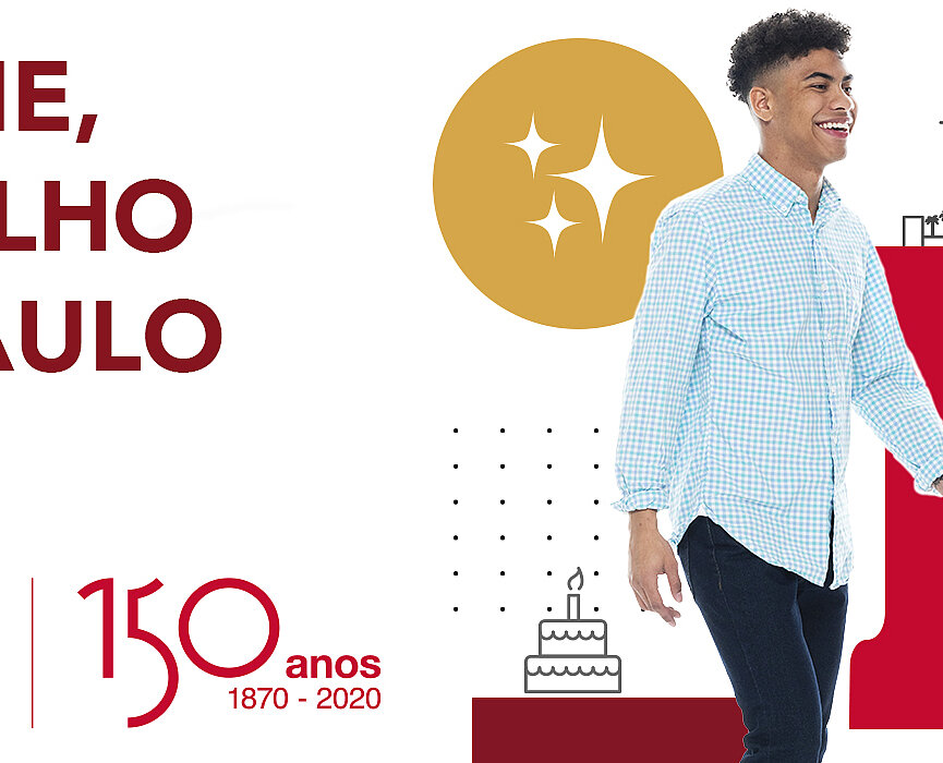 Arte com um rapaz de camisa azul caminhando feliz com ícones que remetem a São Paulo