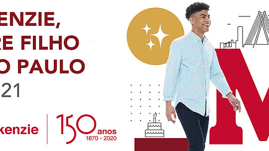 Arte com um rapaz de camisa azul caminhando feliz com ícones que remetem a São Paulo