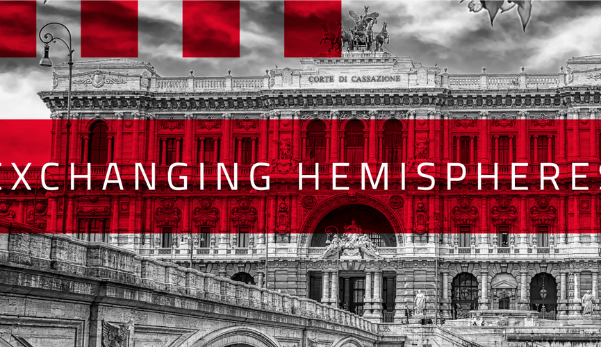A imagem mostra um palácio de justiça, em preto e branco e o nome do programa "Exchanging Hemispheres" na frente. As cores da imagem são preto branco e vermelho.