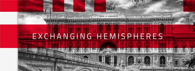 A imagem mostra um palácio de justiça, em preto e branco e o nome do programa "Exchanging Hemispheres" na frente. As cores da imagem são preto branco e vermelho.  