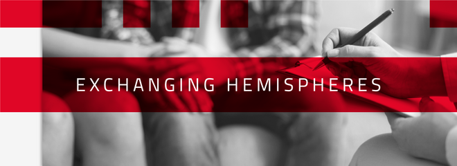 A imagem em preto e branco tem destaques em vermelho com o escrito "Exchanging Hemispheres" em destaque. Logo atrás, uma foto de uma pessoa com uma caneta fazendo anotações, com duas pessoas no fundo da foto, como se fosse uma sessão de terapia. 