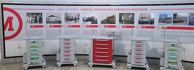 Carrinhos beira leito com gavetas enfileirados em frente a uma parede que traz a linha do tempo do HUEM