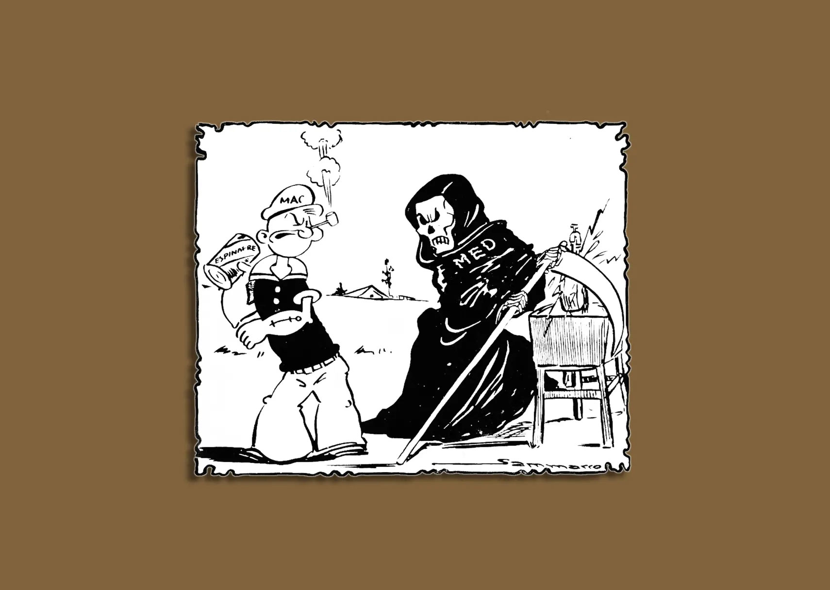 Mascotes da MAC-MED, disputada entre o Mackenzie (Popeye) e a Faculdade de Medicina da USP (Ceifador). 1952